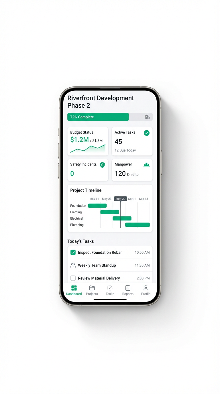 OneMake app showing a construction project dashboard with budget, progress and tasks
